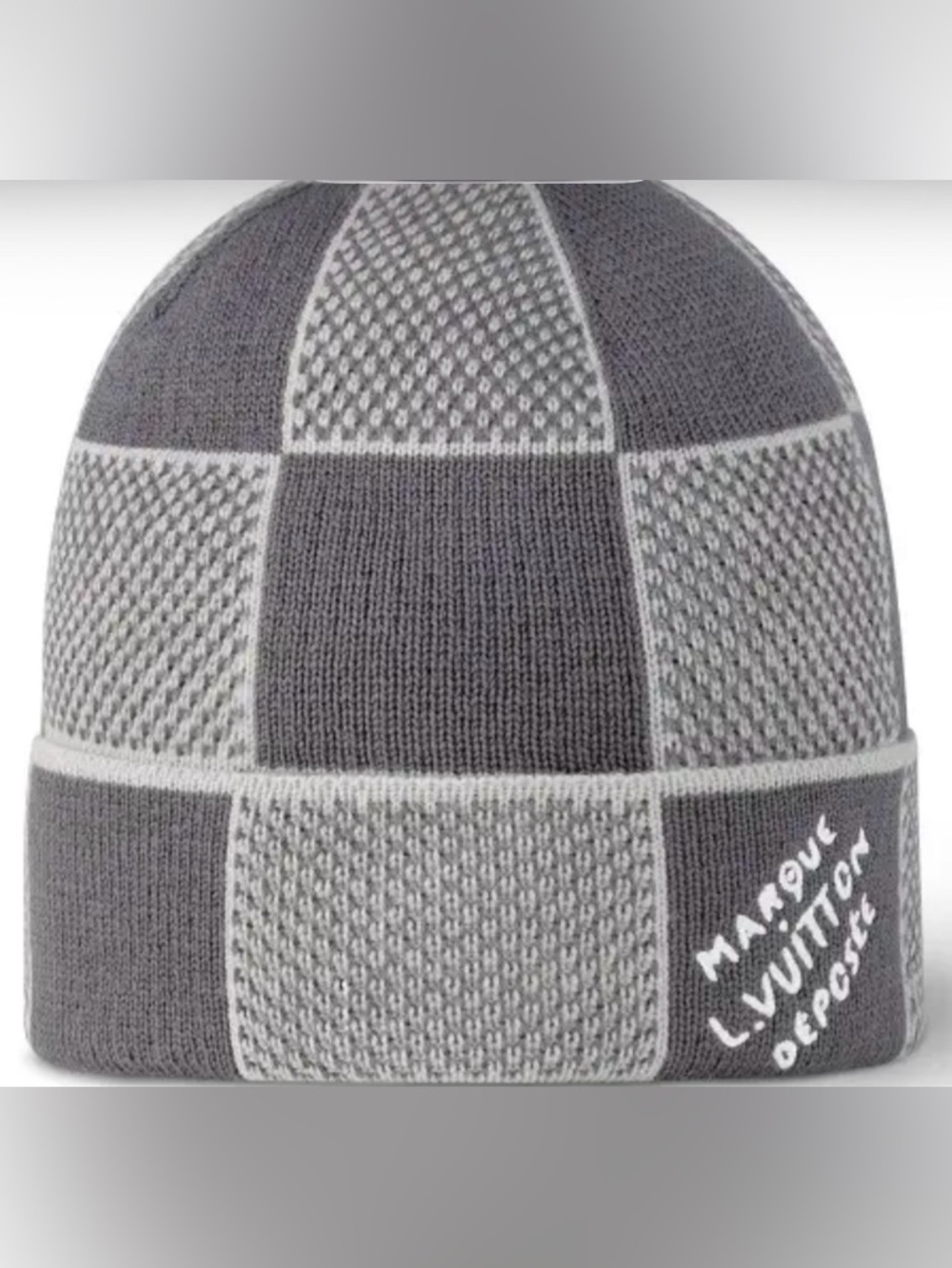 Louis Vuitton Gray and Light Gray Checker Knit Beanie